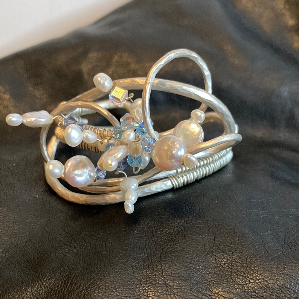 Silver-tone Wire-Wrapped Large Cuff Bracelet with Iridescent/Pearl tone beads